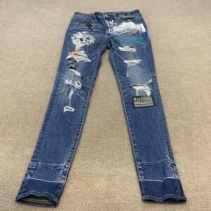 American Eagle Hi-Rise Jegging Jeans Womens 6 Blue Med Wash Ripped Graphic Punk